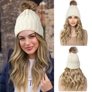 REECHO Warm Knitted Beanie Hat with 12" Beach Wavy Synthetic Hairpiece for Women - Beige, Golden Blonde with Highlights Hair