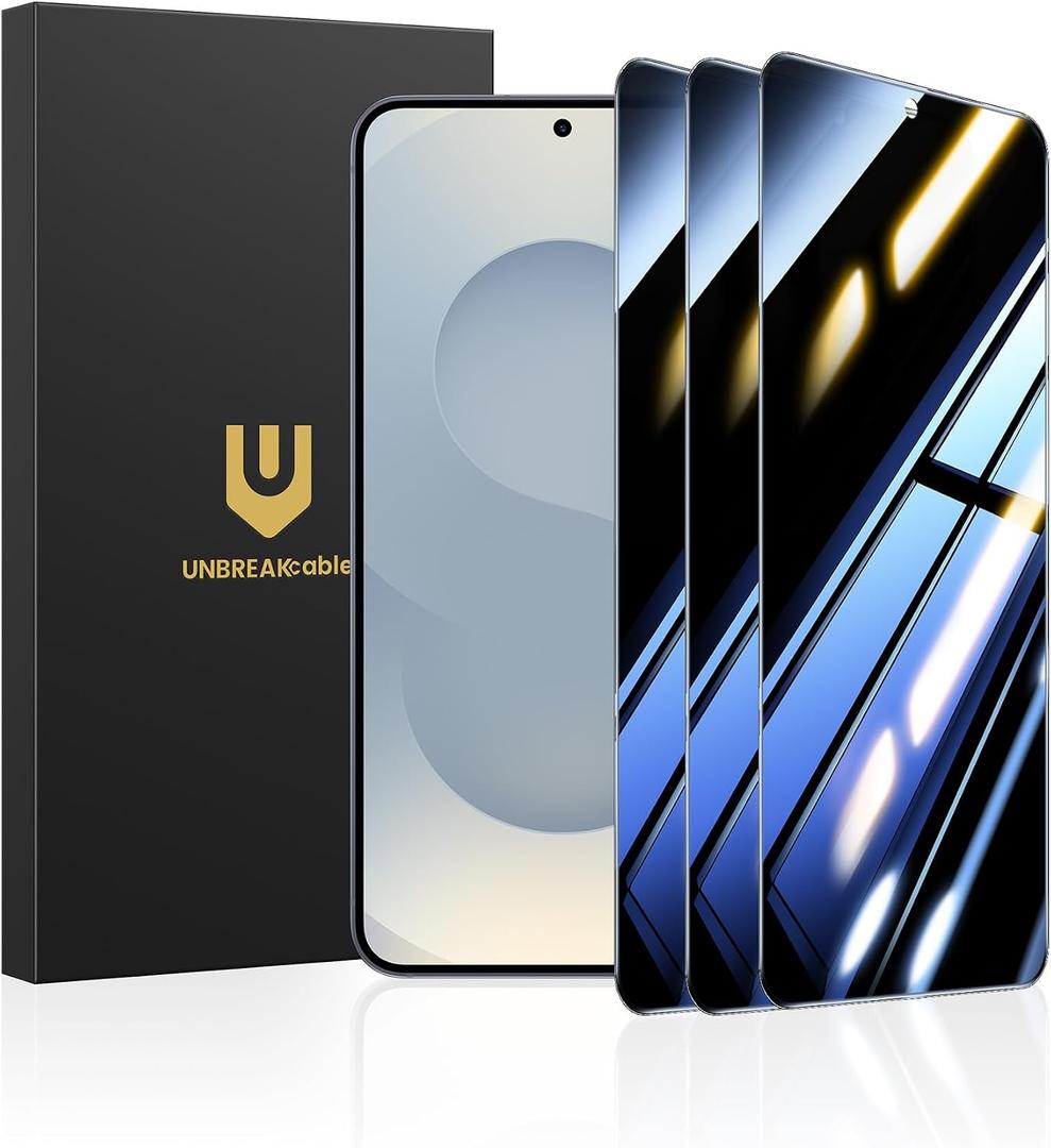 UNBREAKcable Privacy Screen Protector for Samsung Galaxy S25 Plus, 3 Pack | 28 Anti-Spy Tempered Glass with 9H Hardness and Easy Installation Frame. Full 6.7-inch Screen Coverage