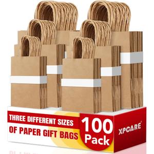 XPCARE 100PCS Brown Paper Bags with Handles, Three Different Sizes of Bulk Brown Gift Bags 5.25x3.25x8.25 & 8x4.5x10 & 10x5x13 Inch Grocery Retail Kraft Paper Bags for Party Birthday Shopping Takeaway