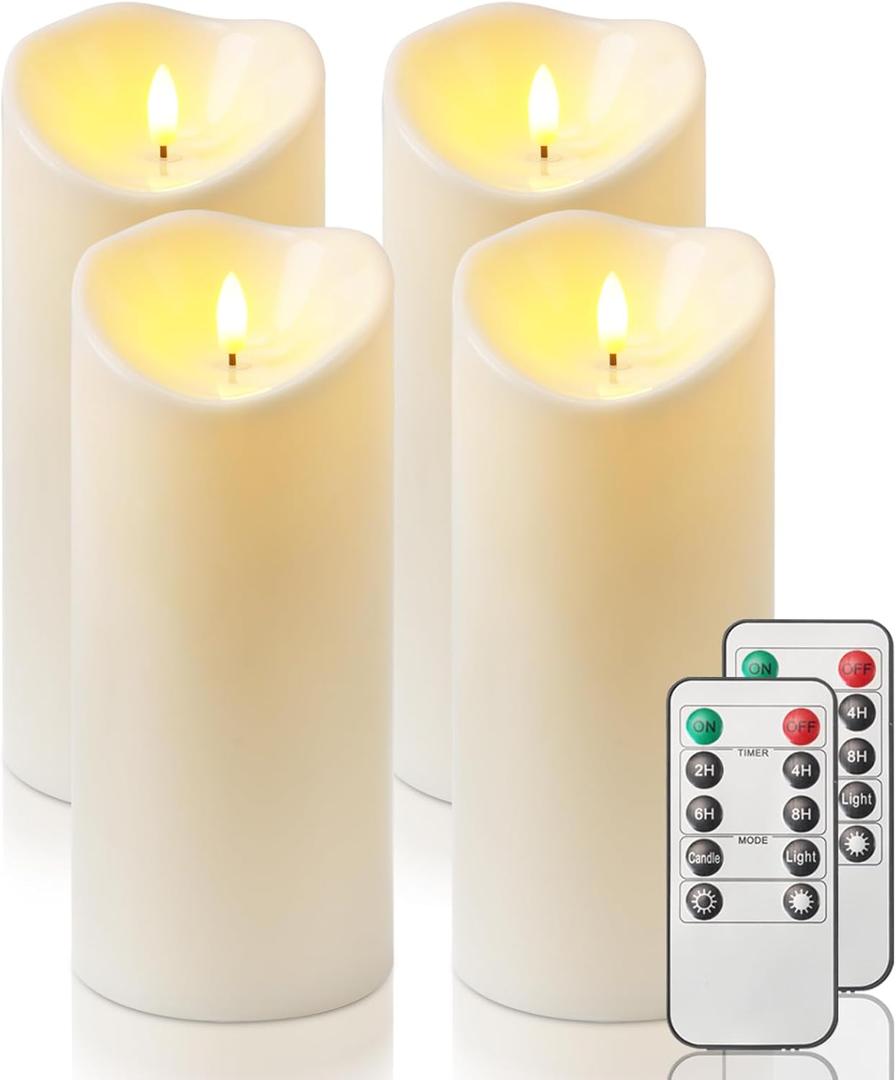 Homemory 4"x9" Outdoor Waterproof Flameless Candles with Timers and Remote Control, Battery Operated Candles, LED Plastic Candles, Ivory White, Set of 4