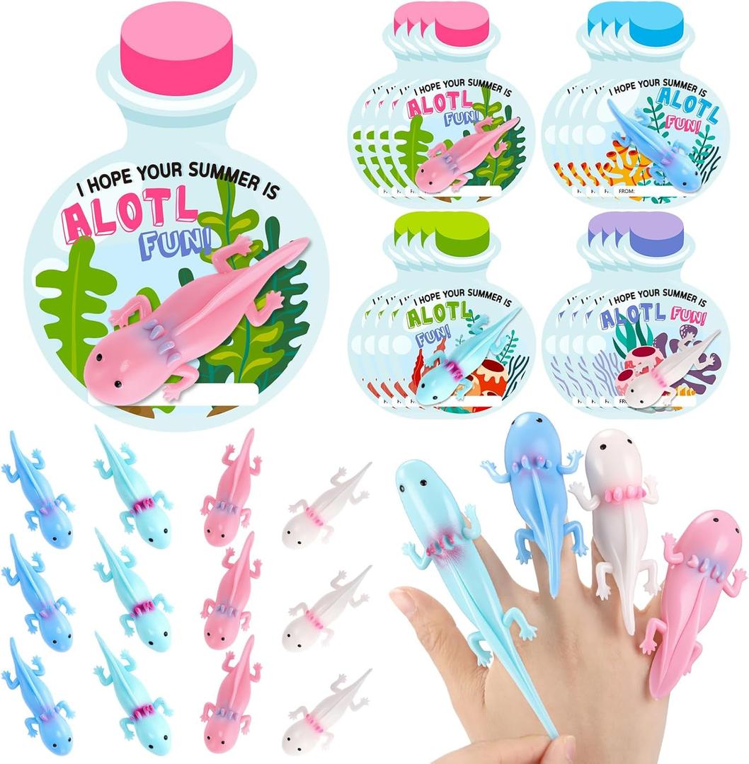28 Sets Axolotl Party Favors Bulk for Kids Rubber Axolotl Finger Slingshot Toy with Cards Summer Birthday Party Supplies Student Gifts Game Prizes Stress Relief