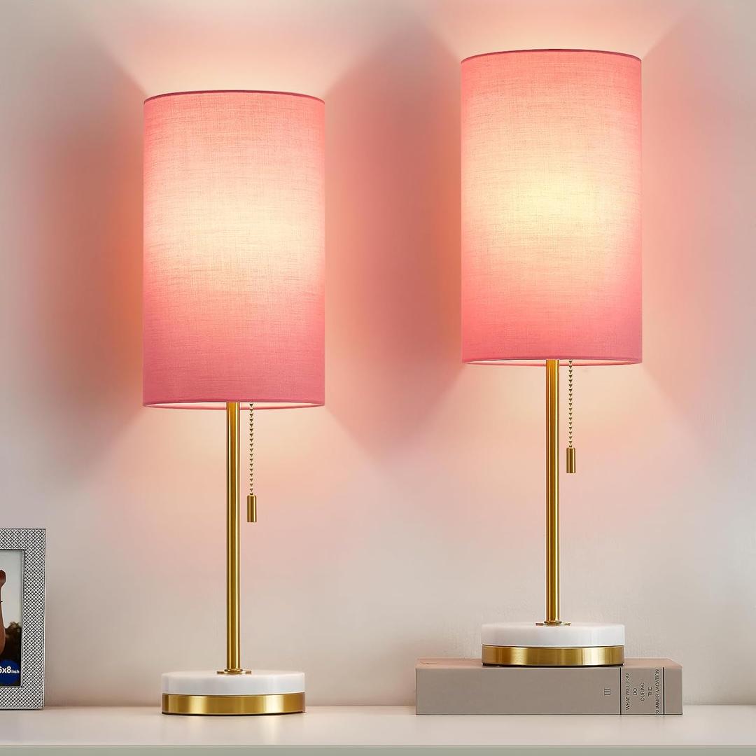 Luvkczc Minimalist Table Lamp Set of 2, Nightstand Lamp for Bedroom Living Room, Modern Pull Chain Bedside Lamp with Marble Base, Fabric Shade, Small Desk Lamp for Home, Office, Reading,Pink