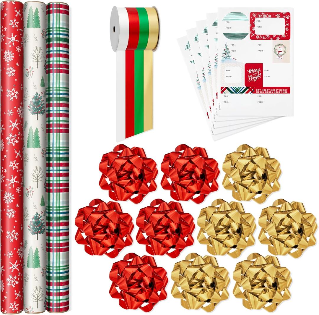 Hallmark Rustic Red and Green Christmas Wrapping Paper Set (90 sq. ft. ttl, 10 Bows, 4 Ribbon Colors, 40 Gift Tag Stickers) Snowflakes, Trees, Plaid, Ensemble
