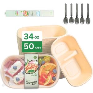 50 Sets 34oz Compostable Paper Containers - 2 Comp, Microwave&Leak-Proof with Lids/Spoons - Oil-Proof for Lunch/Catering/Takeout, BPA-Free Sugarcane Fiber Supplies for Lunch, Party, Takeout