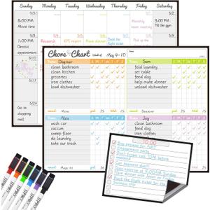 Magnetic Dry Erase Chore Chart and Calendar Bundle for Fridge - Chore Chart for Multiple Kids,Monthly Calendar,One Bonus to-do Whiteboard and 6 Extra Fine Tips Markers Included!