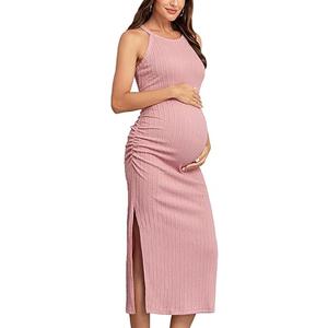 AISWI 2024 Ribbed Summer Maternity Bodycon Dress Sleeveless Halter Neck Ruched Slit Pregnancy Long Dress Baby Shower Casual, Pink, Large