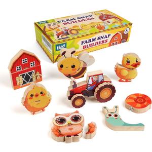 HUZU Farm Snap Wooden Blocks  Montessori Building Toy for Toddler Kids, Moving Wheels Tractor, Lockable Door Barn, Mix & Match Farm Animals Duck Bee Owl Chick Snail, Stocking Stuffers for Grandkids