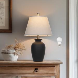Cinkeda 22" Black Ceramic Farmhouse Table Lamp with Ginger Jar Design - for Living Room,Dining Room,Bedroom,Office,Nightstand,End Table