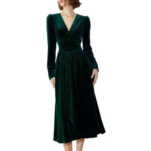 xxxiticat Women's Puff Sleeve Velvet Dress Long Lantern Sleeve V Neck Button Ruffle Pleated Single Breasted Maxi Party Dress Dark Green S
