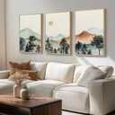Framed Large Mountain Wall Art for Living Room, 3 Piece Boho Watercolor Landscape Artwork for Walls, Mid Century Modern Mountain Forest Sunset Scenic Canvas Prints for Office Hallway Decor, 24x36 Inch