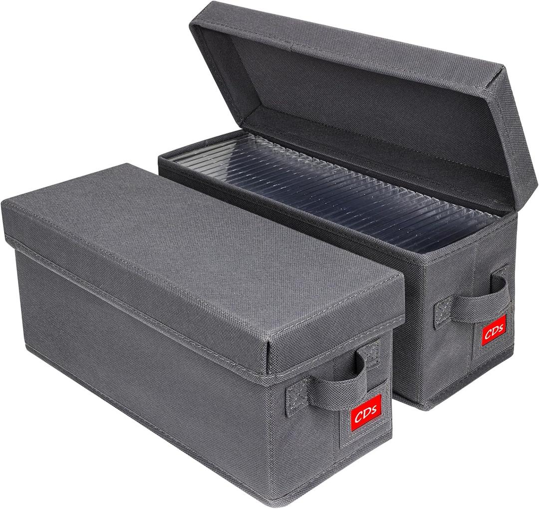 NUSWOR Upgrades CD Storage Box - Perfect CD Case Storage Solution, Stackable CD Organizer with Lid, 2Pack CD Holder 14.37 x 5.5 x 6.3 Inches - Holds 70 Jewel Cases - Grey