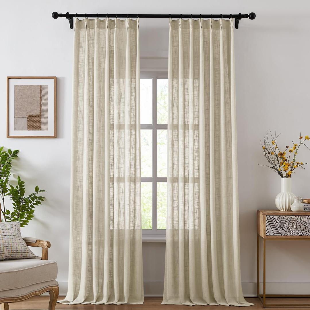 Pinch Pleated Linen Curtains for Living Room, Light Filtering Sheer Curtains 84 inches Long, Farmhouse Natural Pinch Pleat Drapes, Semi Sheer Window Linen Curtain with Hooks 2 Panels, 40"x84"