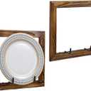 MyGift Set of 2 Wall Mounted Single Plate Holders with Decorative Wooden Frame, Rustic Burnt Solid Wood Display Racks and Black Metal Wire Hanger Hooks for 8 to 11 Inch Plates