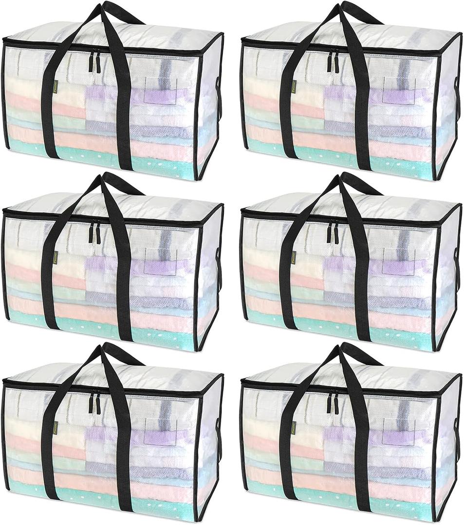 BALEINE 6-Pack Oversized Moving Bags with Reinforced Handles, Heavy-Duty Storage Tote for Clothes, Moving Supplies (Clear, 6-Pack)
