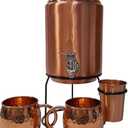Pure Copper Plain Mate drinkware water dispenser Storage Water Tank, Pot ayurveda health healing Water Tank with Tap and set of 2 Copper hammered mug 1Glass, water container tank with 5 Ltr Capacity