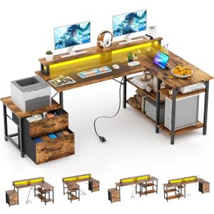 L Shaped Desk with Storage, Home Office Desk,67 Inch Corner Desk with File Drawers & Shelves,Large Reversible Computer Desks Writing Study Table Workstation with Power Outlets, Rustic Brown (Vintage)