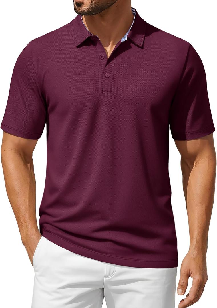 TACVASEN Men's Polo Shirts Short Sleeve Cotton Pique Classic Casual Shirts Moisture Wicking Golf Shirt with 3 Buttons (Wine) L