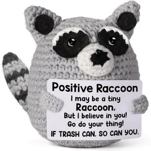 Positive Crochet Animal Raccoon, Handmade Emotional Support Plush Back to School Gift, College Care Package for Teen Trendy Stuff, Trash Panda for Women Birthday & Christmas