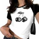 Pink Bow Cherries Shirt Women: Coquette Tops Clean Girl Aesthetic Shirts Casual Summer Short Sleeve Tshirt (S)