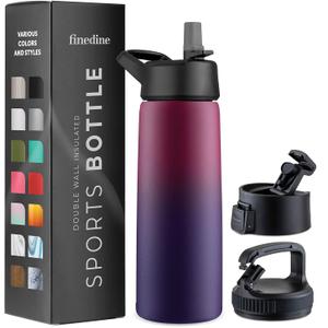 FineDine Water Bottle - Stainless Steel Insulated Water Bottle with Straw Lid, Flip Lid & Wide-Mouth Cap - Keeps Hot and Cold - 25 Oz / 739ml - Dreamy Purple