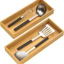 Bamboo Drawer Organizer, Stackable Utensil Organizer for Kitchen, Bamboo Storage Box Wood Silverware Tray for Drawer 15" x 6" x 2" Set of 2
