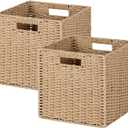 11x11 Inch Wicker and Paper Rope Storage Baskets (2-Pack) - Foldable Cube Organizer Bins for Shelves, Closet, Hand-Woven Natural Beige
