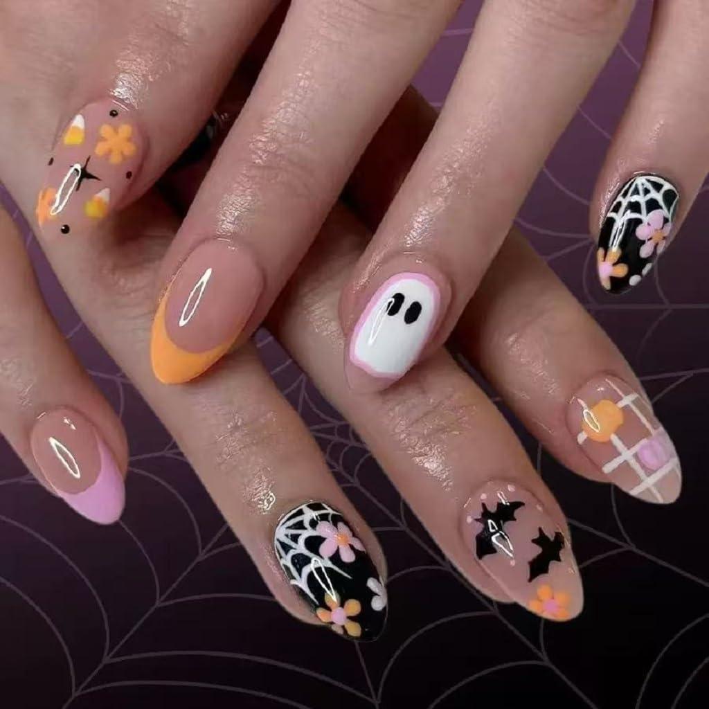 Halloween Press on Nail Short Almond Fake Nails with Spider Web Bat Daisy Floral Designs Glue on Nails French Tip Cute Ghost Glossy Acrylic Artificial Nails Full Cover Stick on Nails for Women 24 Pcs