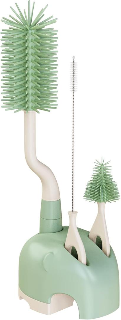 Silicone Bottle Brush Set with Stand, 360 Rotating Bottle Cleaning Brush Cleaner Set, Long Handle 3 in 1 Multipurpose Silicone Baby Bottle Straw Cleaner Brush (Green)