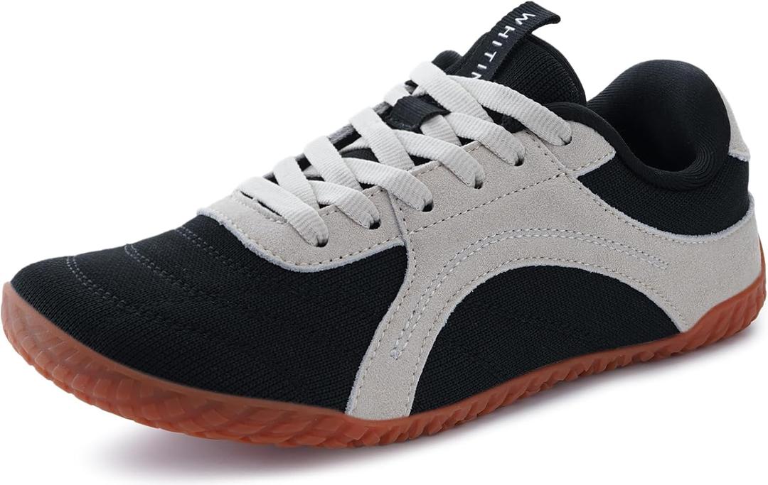WHITIN Women's Wide Barefoot Sneakers | Retro Track-Inspired Trainer | Zero Drop Lifestyle, 37.5 Black Gum