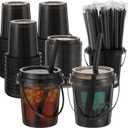 30 Set 24 oz Drink Buckets with Lids and Straws Disposable Clear Rum Plastic Drinking Cocktail Bucket with Handles for Beverage Coffee Lemonade Pool Picnic Party Supplies (Black)