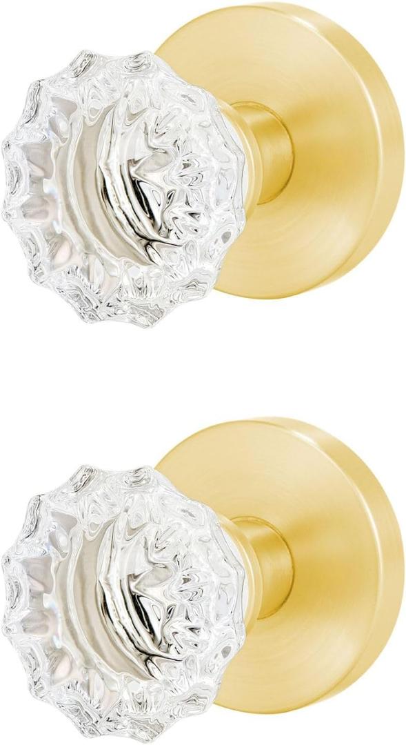 Glass Crystal Door Knobs, Dummy Door Lever, Interior Door Handle Single Sided Decorative for Hall Closet, Gold Round Zinc Alloy Base Doorknobs, 2 Pack (Stain Brass, Dummy)