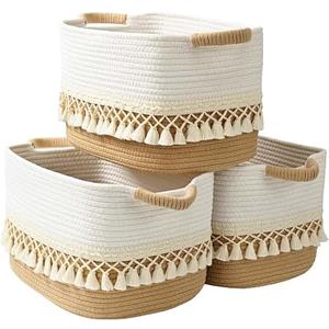 2 Pack Woven Storage Bin, Cotton Rope Basket for Storage, Clothes Boho Basket Bin for Organizing, Fabric Basket for Books, Plants, Pet Treats, White & Jute