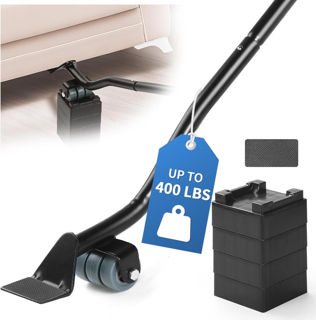 Furniture Lifter Tool Set  Save 80% Effort  Lifts up to 400 lbs  Heavy-Duty Steel Lever with 4 Plastic Base Pads, Ideal for Moving Sofas, Appliances, Furniture Jack Lifter Tool (25 in) (Black)