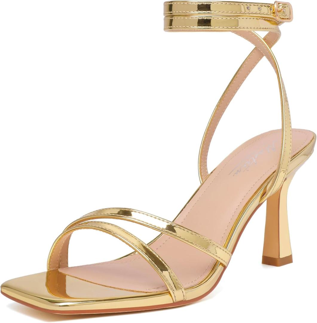 Mostrin Womens Sandals Strappy Heels for Women Ankle Strap Lace Up Square Open Toe Heels Tie Up Stiletto High Heeled Sandals for Prom, Party, Daily Wear (9, Gold-04)