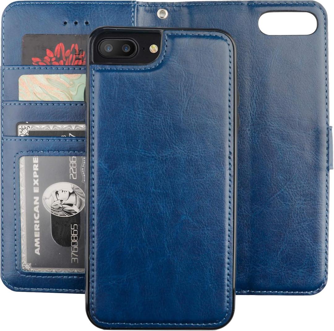 Bocasal for iPhone 7/8 Plus Wallet Case with Card Holder PU Leather Magnetic Detachable Kickstand Shockproof Wrist Strap Removable Flip Cover for 5.5 inch (Blue)