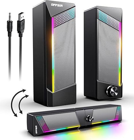 Computer Speakers, 2 in 1 PC Speaker , Gaming Speakers for PC Computer Laptop Desktop Monitor, RGB Speakers with Touch Sensitive Lighting, USB Powered 3.5mm Aux（Package Only Two Speaker, No Soundbar）