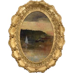 FOLKOR Coastal Wall Art with Gold Oval Frame, Beach Landscape Canvas Prints Home Living Room Bedroom Kitchen Decor, Ocean Wall Decor for Tabletop Gallery Wall Hotel Decoration, 4x6 (Sydney Harbour)