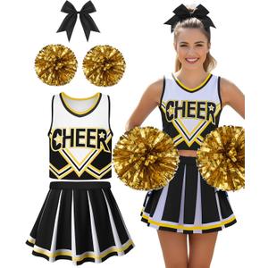 JenPen Women's Cheerleader Costume Halloween High School Cheerleading Outfit Musical Cheer Uniform Hair Bow Pom Pom (Large, Black)