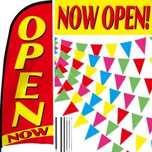 7.9 Ft Now Open Feather Flag for Business Advertising with Poles Kit Red Now Open Banner Colorful Pennant Banner Grand Opening Sign Swooper Flag for Outside Garden Yard Business Advertising