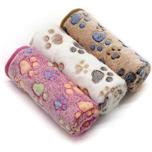 SORKUT 1 Pack 3 Puppy Dog Blankets Super Soft Warm Sleep Mat Fluffy Premium Fleece Pet Blanket Flannel Throw for Dog Puppy Cat - Paw Print Beige/Pink/Brown Small(23"x15")