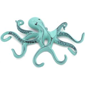 Octopus Keys Hook, Decorative Wall Mounted Nautical Wall Rack, Antique Key Holder Hook, Cast Aluminum Hanger for Coat, Hand Towel, Bathrobe, Jacket, Swimming, Kitchen & Balcony (Distressed Green)