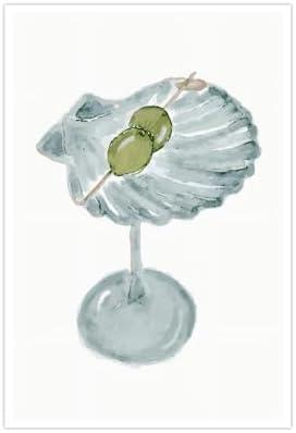 Funky Green Seashell Martini Wall Art Cocktail Posters Trendy Bar Cart Canvas Print Room Decor Dorm Decor Aesthetic Living Room Dining Room Kitchen Decorations for Home12x18inch Unframed