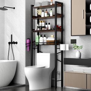 Over The Toilet Storage Cabinet,4 Tier Bathroom Organizers and Storage With Adjustable Shelf Waterproof Feet Pad and Basket ,Multifunctional Space Saver Freestanding Bathroom Shelves With Dividers (Brown)
