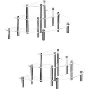 YestBuy 2 Pack Acrylic Risers Display Stand for Pop Figure, 3 Tier Clear Acrylic Cupcake Stand, Half Moon Dessert Stand for Display Or Collections (Advertising Nail) (Silver)