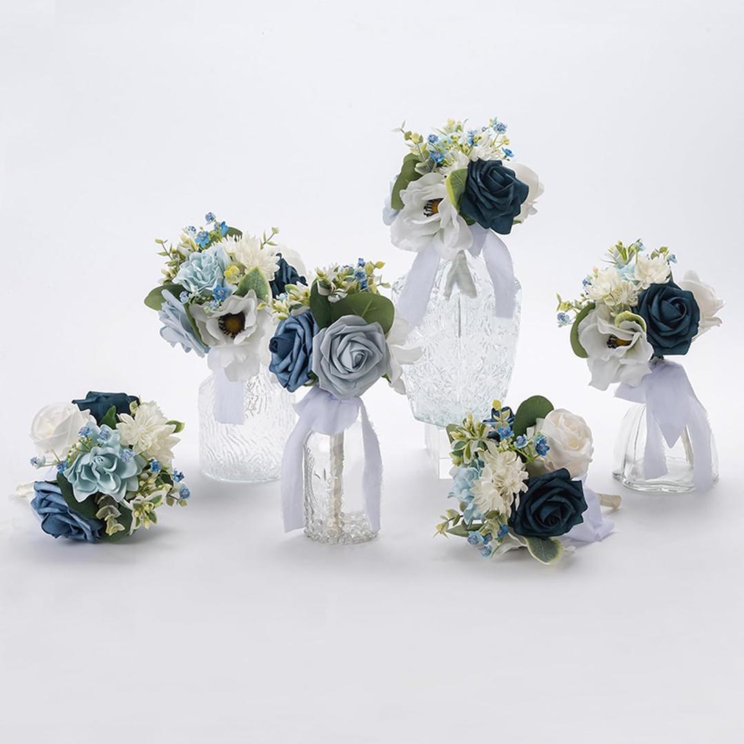Blue Wedding Bouquet Set of 6, Mini Bridesmaid Bride Bouquets, Small Bridal Flowers, Fake Flower Artificial Floral Wedding Centerpieces Decor Party Prom