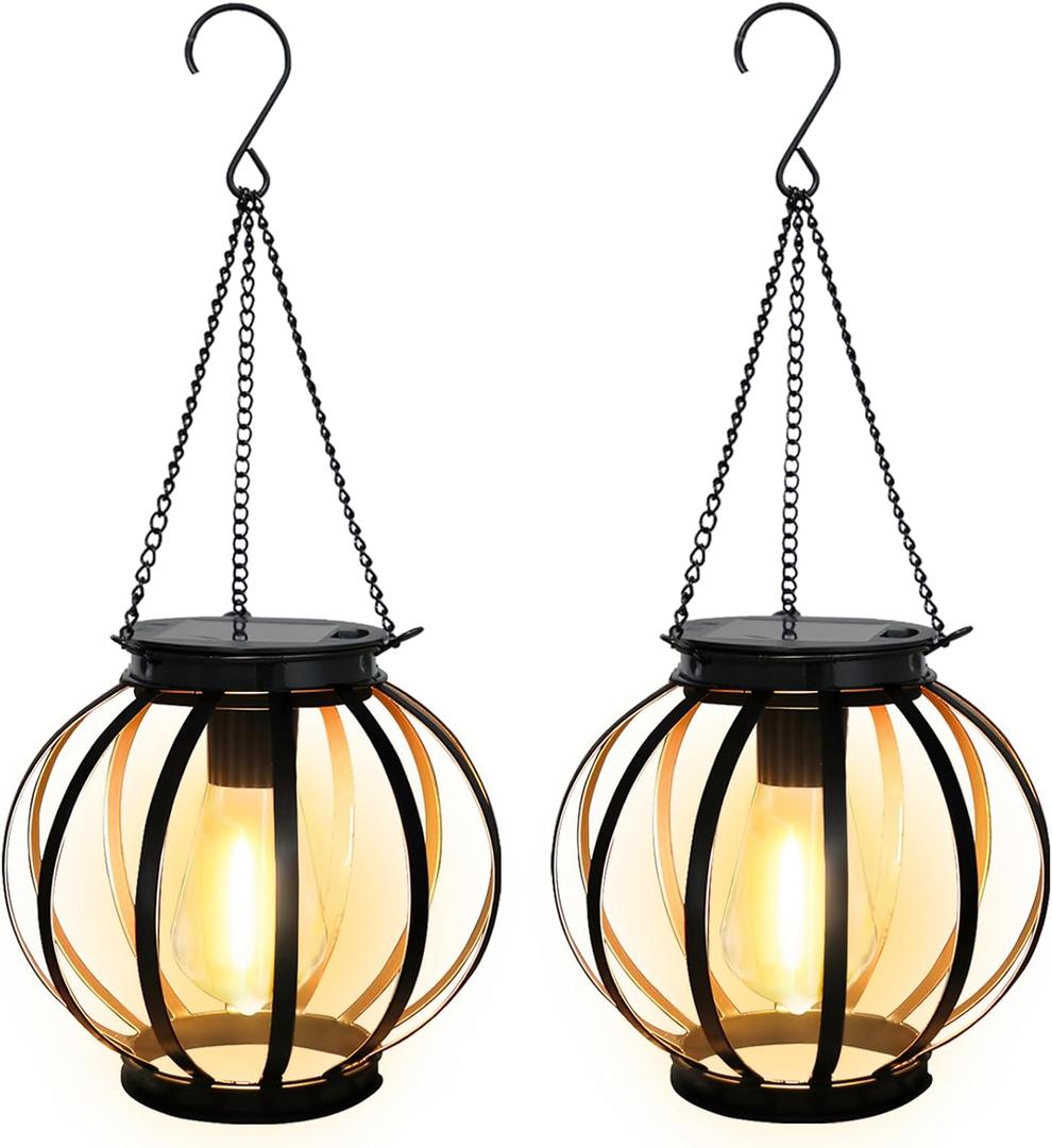 2 Pack Solar Lantern Lights Outdoor, Black Metal Hanging Solar Lights with Hook, Waterproof Hanging Lantern Lights for Pathway Patio Yard Porch Garden Decoration (Warm White)