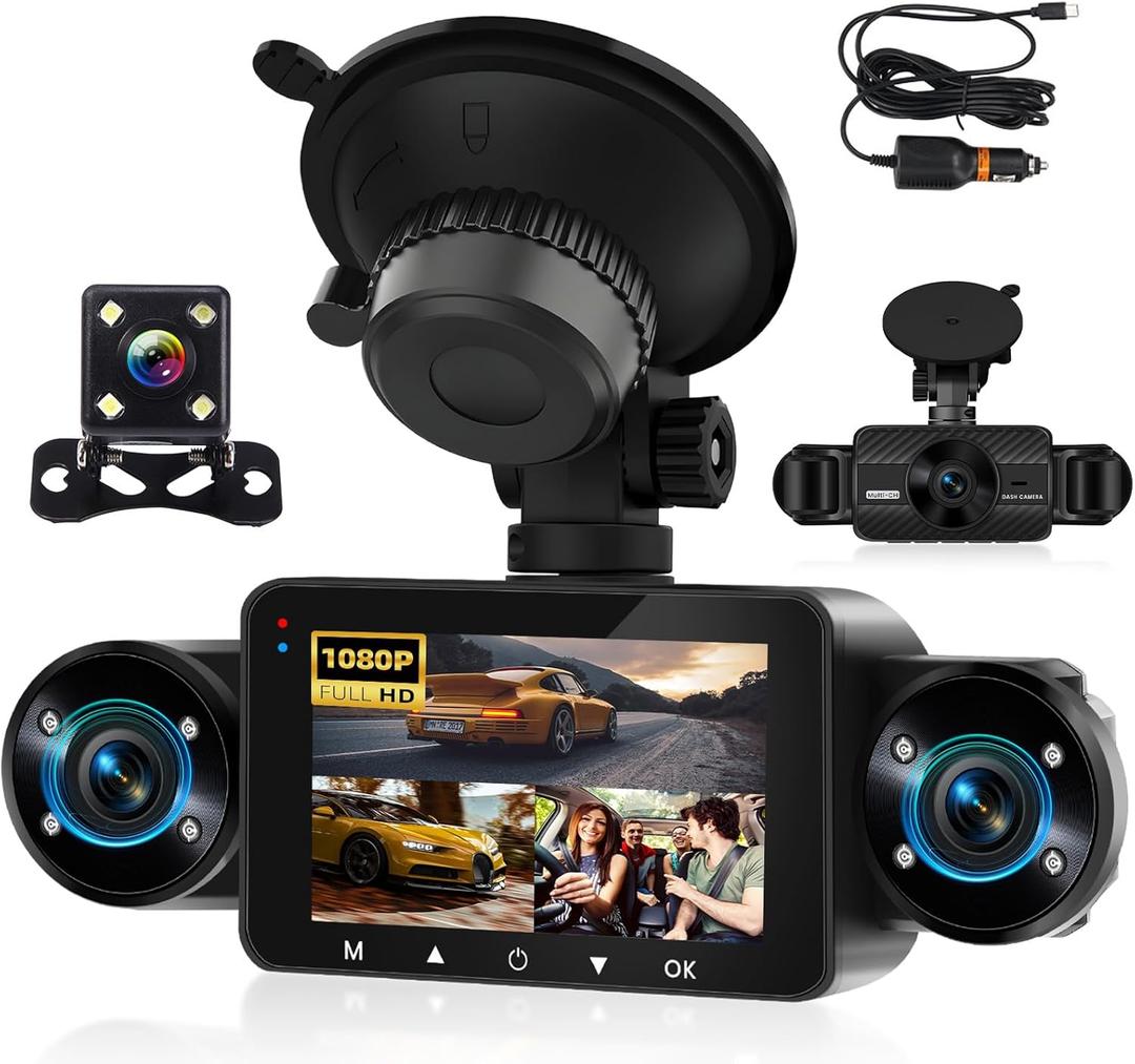 4 Channel Dash Cam Front and Rear Inside Left Right, 3'' 1080P Dash Camera for Cars, Dash Camera for Cars with G-Sensor,Super Night Vision,Wide Angle,Loop Recording,24 Hours Recording