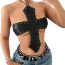 MakeMeChic Women's PU Leather Top Tie Backless Halter Grommet Eyelet Y2K Going Out Tops (Medium, Black)