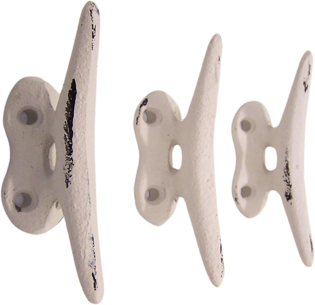 Wowser Nautical White Cast Iron Boat Cleat Wall Hooks, 3.5 Inches, Set of 3