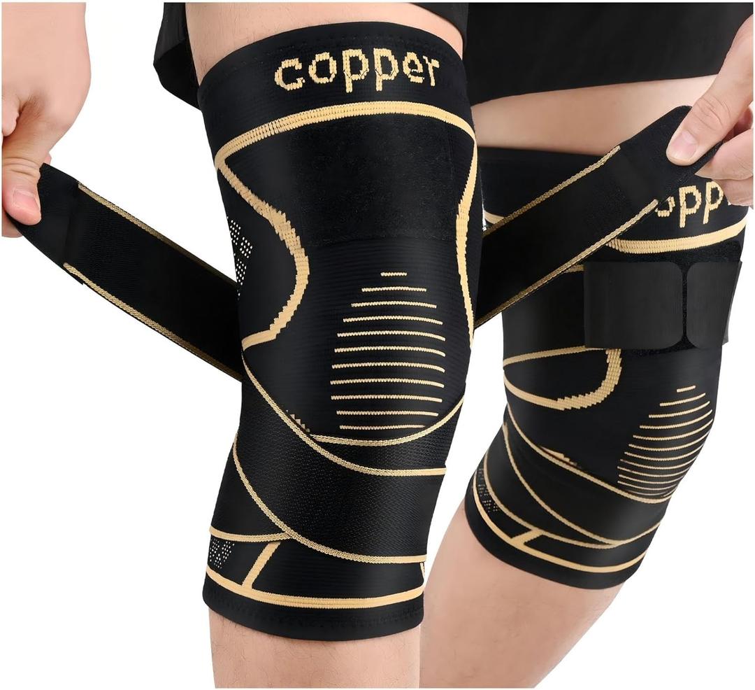 Copper Knee Brace for Women Men 2-Pack, Knee Compression Sleeve with Straps, Knee Braces for Knee Pain, Knee Support for Running Working (Small)